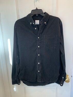 Sandro men’s black distressed denim shirt. Size Medium